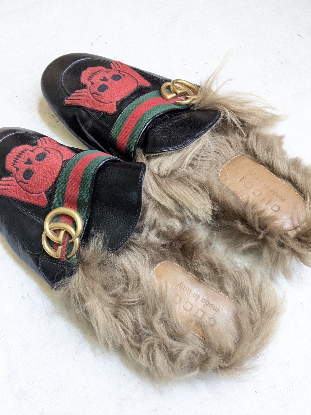 Gucci Black Leather Fur-Trim Princetown Mules with Red Skull Men US 7.5 - Picture 11 of 14